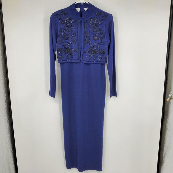Vintage Liz Claiborne Wool Blend Black Beaded Layered Modest Sweater Dress Small - Picture 1 of 10